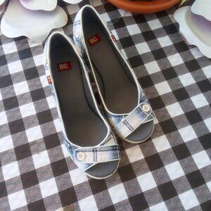 Womens BC footwear Blue Plaid Pep Toe Wedge Summer Shoes ECU 6.5